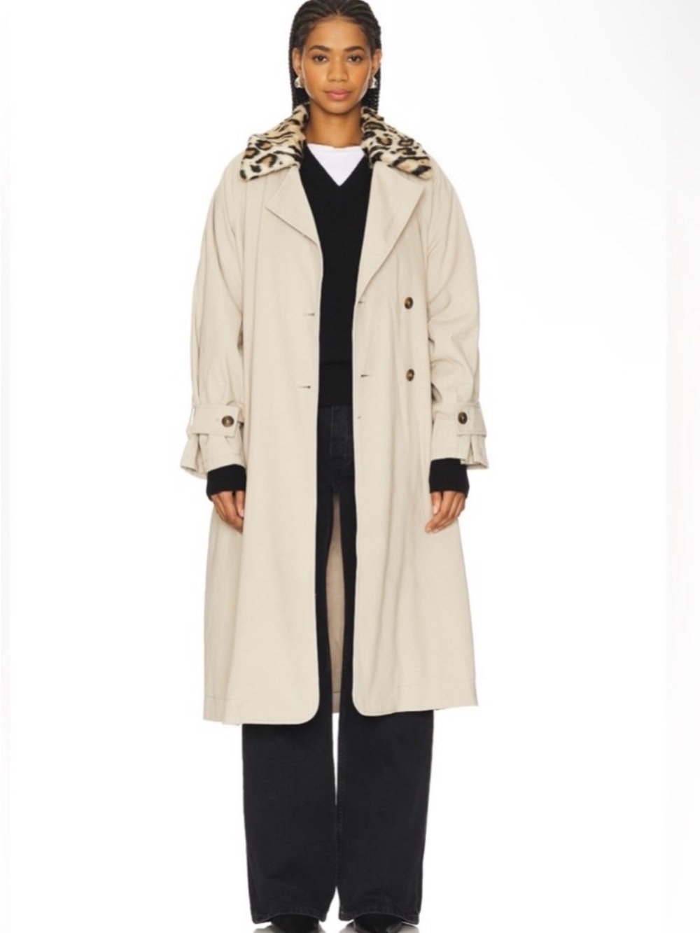 FREE PEOPLE FALL WINTER Beige Trench Coat with Leopard Collar
